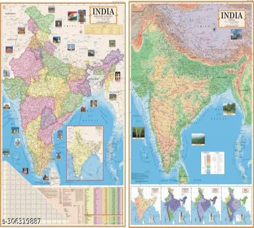 India & World English Maps (Both Political & Physical) Constitution & History Of India Chart|Pack Of Set Of 6 Map Size (40*28 & 23*36 Inch)