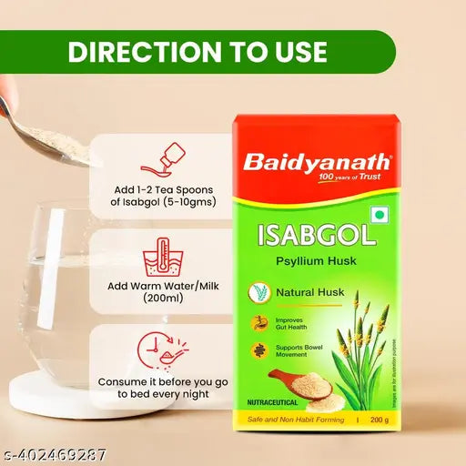Baidyanath 99% Pure Isabgol 200gm (Psyllium Husk), Rich source of dietary Fibre and Gluten free | For Healthy Digestive tract, Relief from Constipation