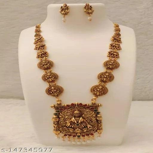 Zakhi Ornament Oxidized Laxmi ji Jewellery Set 1 Necklace A Pair of Earrings for Haldi, Festive, Occasions- Red Green Colour - Springkart 