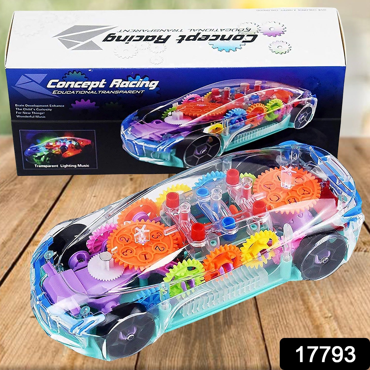 17793 Automatic 360 Degree Rotating Transparent Gear Concept Car With Musical And 3d Flashing Lights Toy For Kids Boys Girls (Multicolor Battery Not Included) - Springkart 