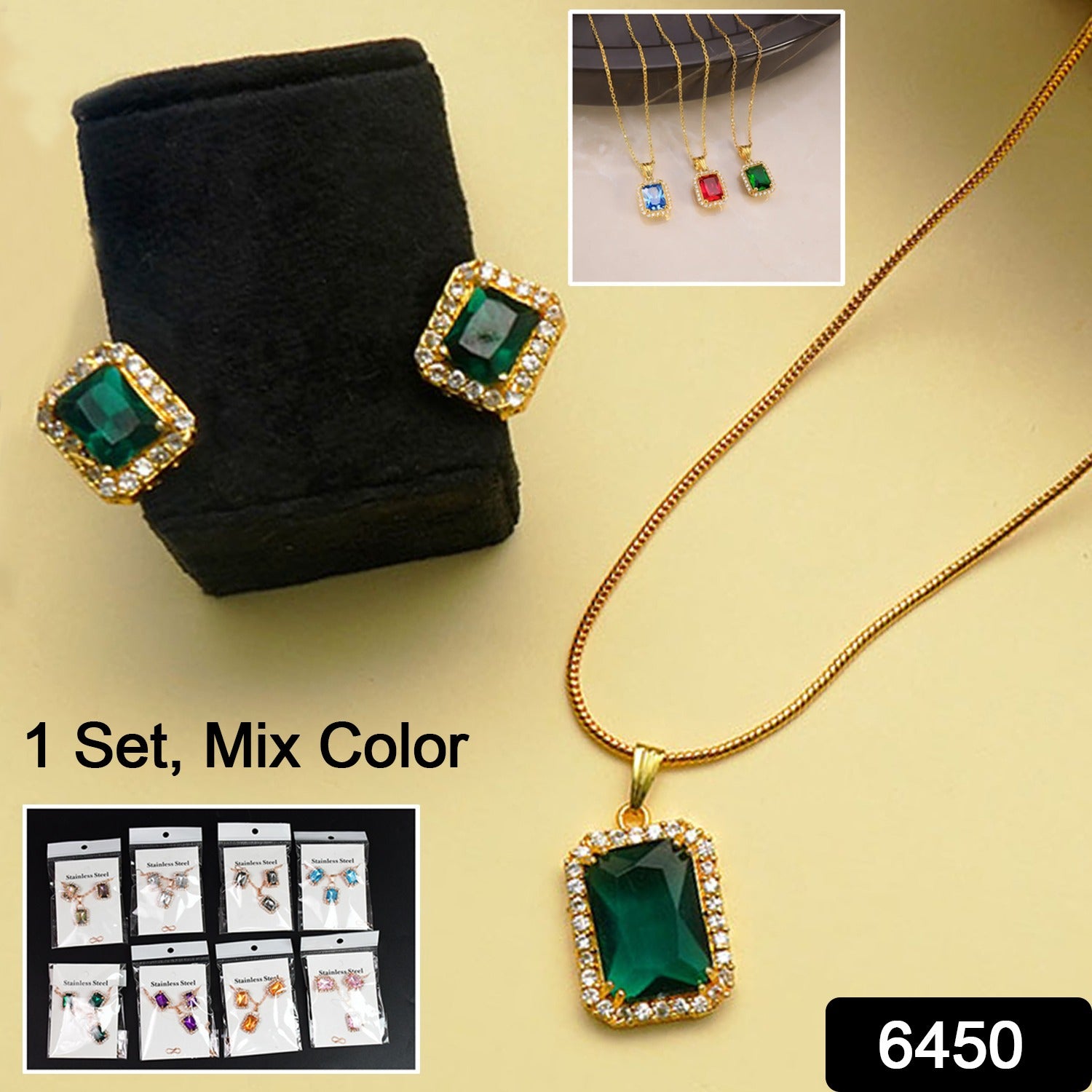 Stone Pendant Necklace Chain Set With Earrings (1 Set Mix Color Design) - Springkart 