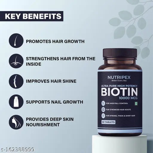 Biotin 10000mcg Tablets, Vitamin B7 dietary supplement for Hair Growth, Reduce Hair Fall, Strong Hair and Glowing Skin-60 Biotin Tablets