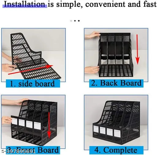 (Multicolor) Desktop Magazine Holder Desk File Organizer 4 Compartments | Plastic Vertical File Dividers Book Holder & Cabinet Document Storage Rack (Black), Step Shelf