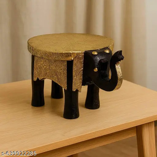 Handcrafted Gold Brass Embossed Elephant Stool – 6 Inch Decorative Table