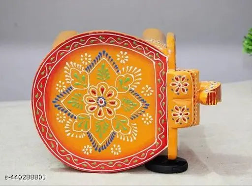 Hand Painted Decorative wooden Elephant Stool Handcrafted (Yellow/Orange), 8 Inches