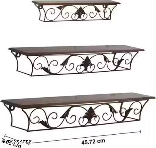 Wooden Iron Wall Shelf Wall Bracket Floating Wall Sheves Set of 3 for Home Decor, Living Room Decor