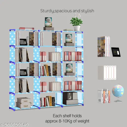 Xcentex - 18 Shelf Book shelf Almirah - Foldable, Collapsible & Portable bookshelf, Showcase bookstand Rack, open wardrobe