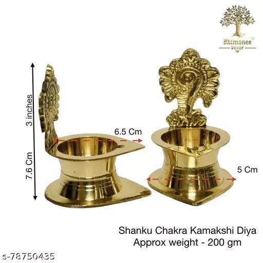 Pure Brass Shanku Chakra Kamakshi Diya, 3 inches, Brass Colour, Pack of 1 Pair