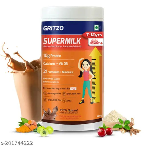 Gritzo SuperMilk Height+ (7-12y Girls), 10g Protein (Double Chocolate, 400g) | Zero Refined Sugar, 21 Vitamins & Minerals