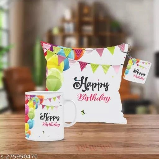 'Happy Birthday' Printed Cushion Cover with Filler Combo = Pillow + Mug + Key Chain (12" x 12 Inches) - Springkart 
