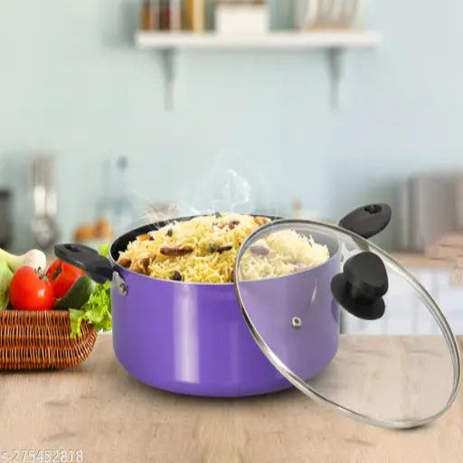 Navrang Nonstick Stewpan 200 With Glass Lid,Purple Color,2.5ltr Capacity