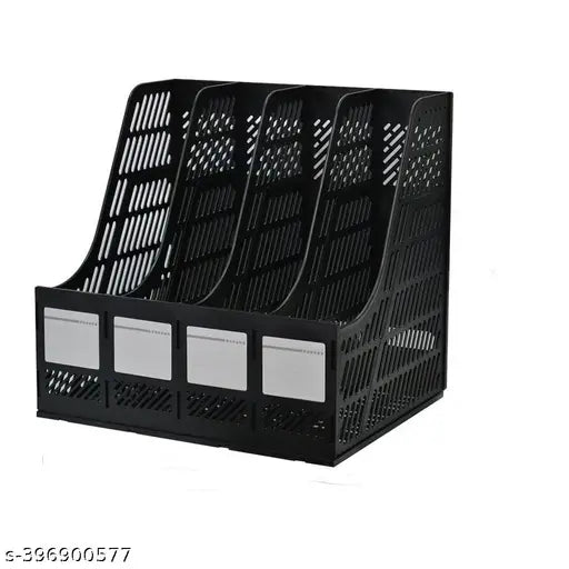 Desktop Magazine Holder Desk File Organizer 4 Compartments | Plastic Vertical File Dividers Book Holder & Cabinet Document Storage Rack (Black), Step Shelf