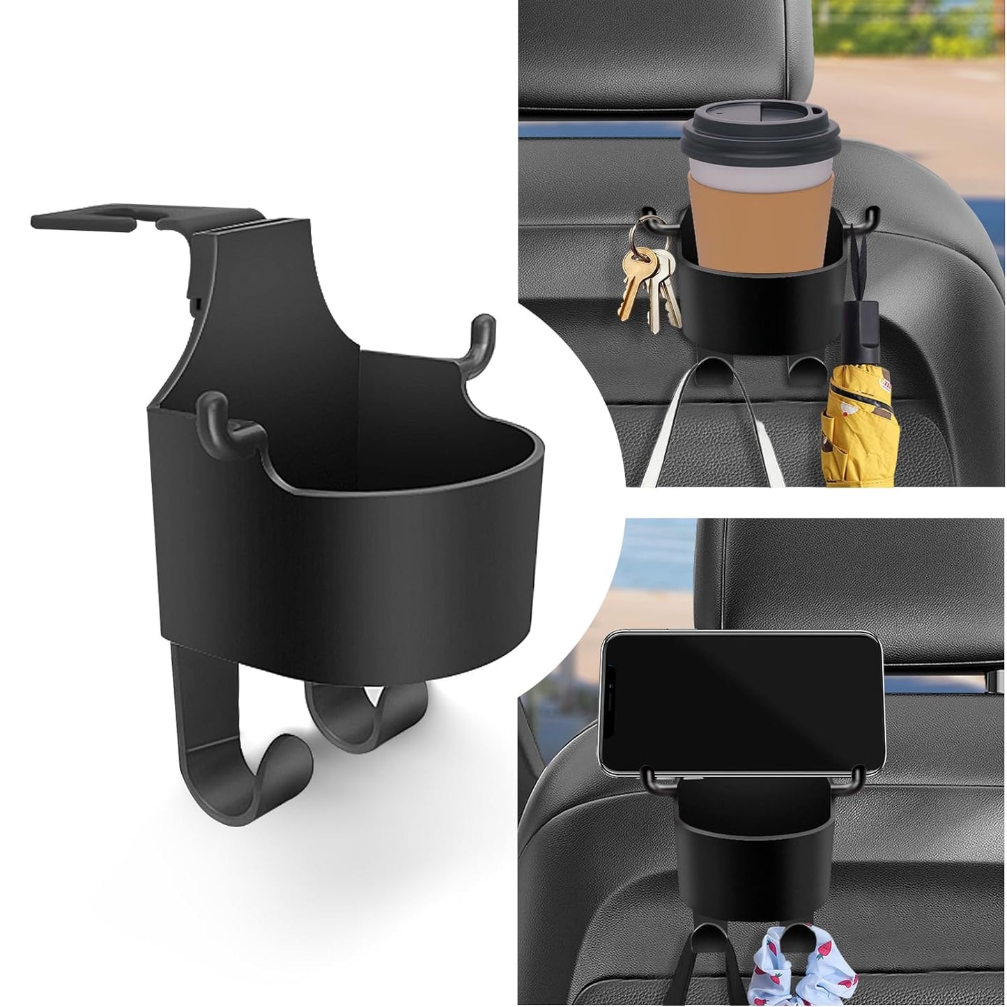 8548 Car Headrest Backseat Organizer 3 In 1 Automotive Cell Phone Drink Cupholder Adapter With Headrest Hooks For Kids And Adults Multifunctional Storage For Car Travel Accessories