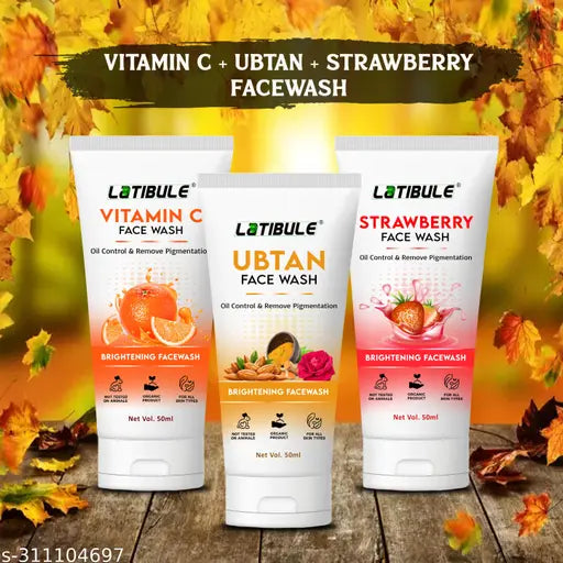 Vitamin C,Ubtan & Strawberry Skin Whitening Brightening Facewash, Tan Removal Face wash (150ML) Combo