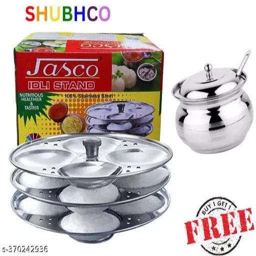 Stainless Steel Idli Stand with 3 Plates - Durable and Efficient Idli Maker - Kitchen Essential Kitchen Tools Combo Idli Stand with Gheepot | Oil Container | Steel Pot - Springkart 