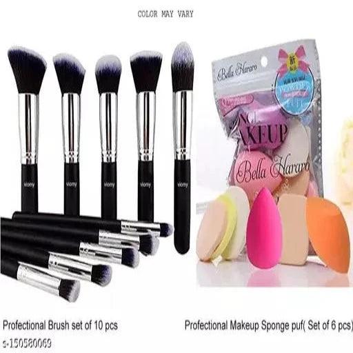 Makeup Brushes Set Tool Brush Kit set of 10 WITH 6 PCS Makeup Puf kit set - Springkart 