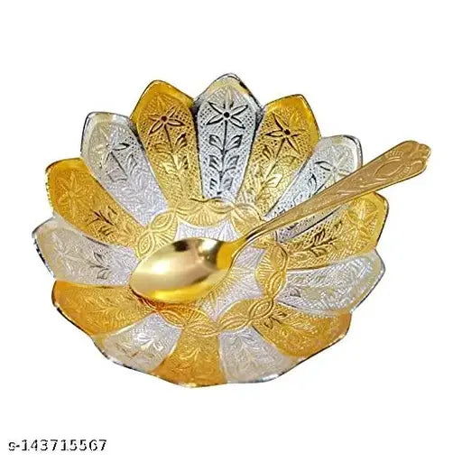 BRANDSOM GOLD PLATED FLORAL SHAPE BOWL SET Festive Bowl & Spoons Diwali GIFT !!!