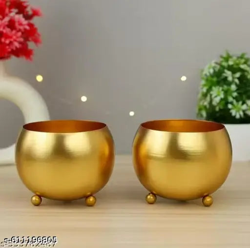 (Plants Not Included) - Set of 2 Round Gold Metal Vases Showpiece | Decorative Tabletop Pots for Home, Office & Gifting
