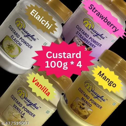 Maayka Premium | Combo of Custard Powder 100g x 4 Flavors (Vanilla, Strawberry, Mango, White Elaichi) - Total Weight 400 Gram