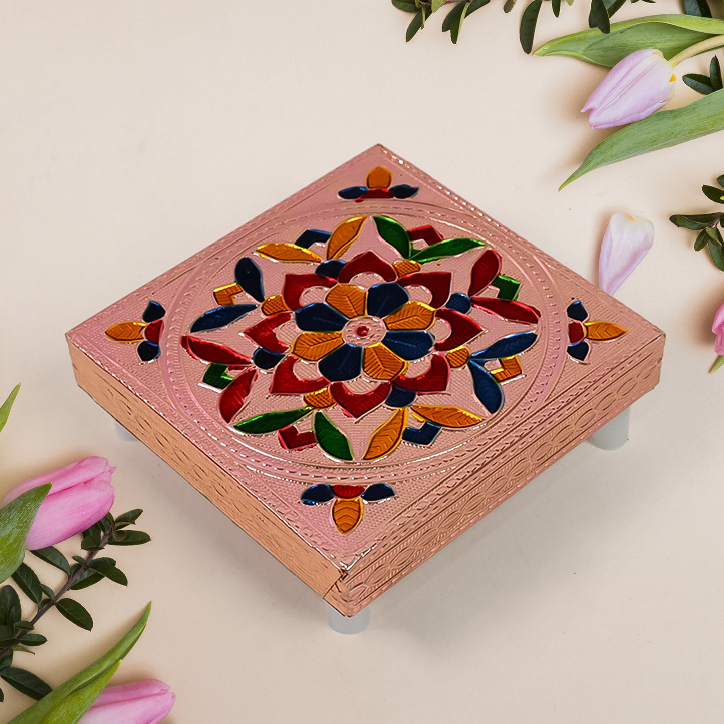 Handicraft Meenakari Wooden Chowki Puja Bajot For Home Office Decor For Puja Multicolour (1 Pc Set) - Springkart 