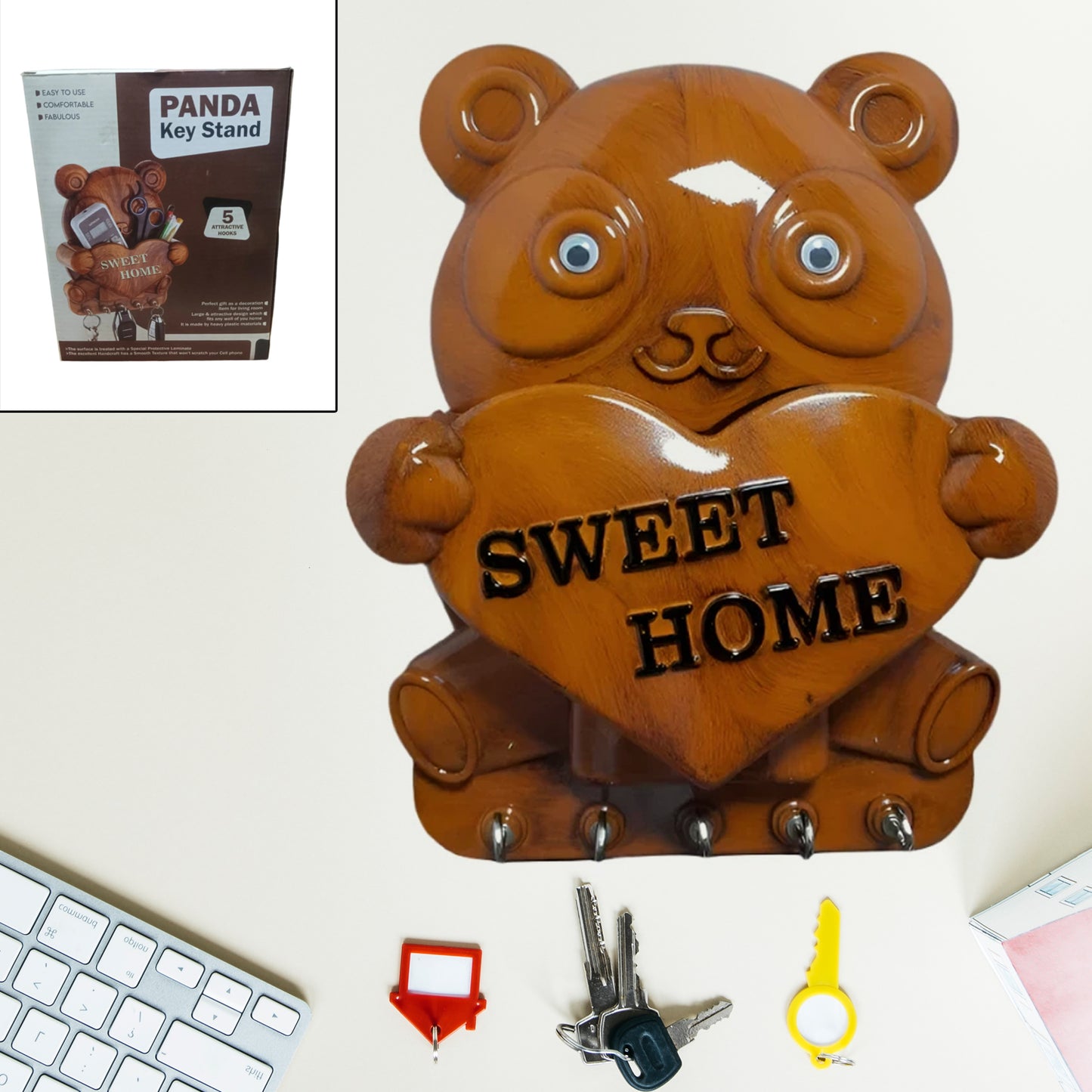 Cute Plastic Panda Key Holder Wall Key Rack With 5 Hooks (1 Pc) - Springkart 
