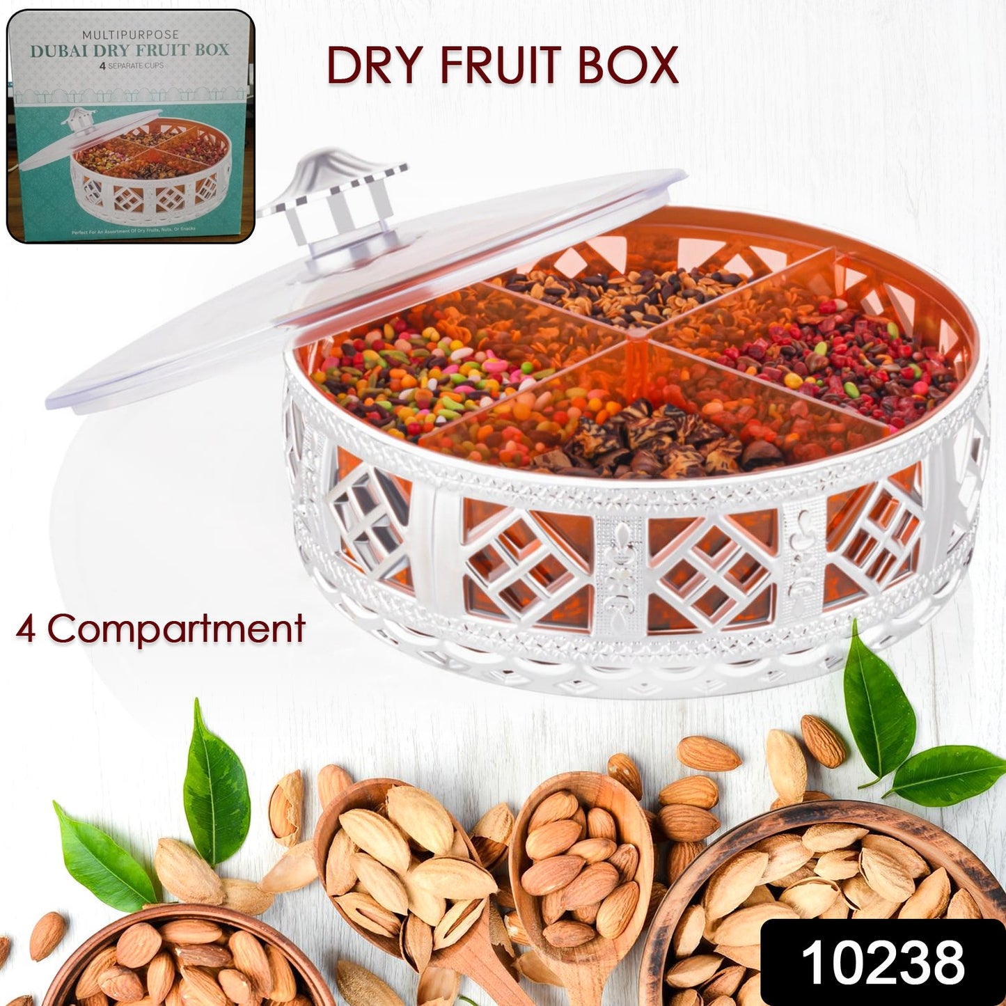 Multipurpose Dry Fruit Box 4 Section Dry Fruit Round Silver Gift Box (1 Pc) - Springkart 