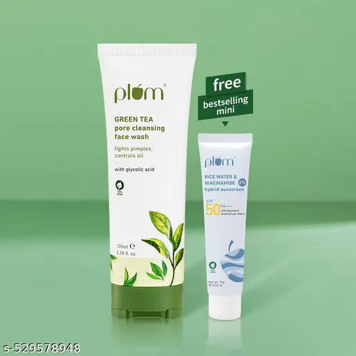 Plum Green Tea Pore Cleansing Face Wash| Acne-Prone Skin | Controls Oil  100ml + Freebie Niacinamide Sunscreen 15g