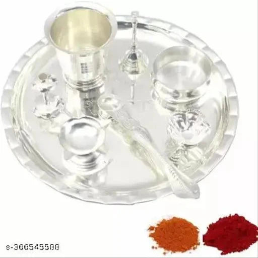 Silver Plated Pooja thali Set 8 Inch Ethnic Puja Thali Wedding Return Gift Items Silver Plated (Silver)