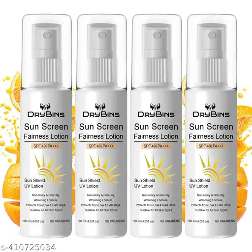 Drybins Sunscreen-SPF 40+ PA+++ Whitening sunscreen  for  Anti-Wrinkle, Non Greasy with Broad Spectrum,  UVA & UVB Rays Protection, Tan Free Skin and Sun Protection for  All Skin Types 100ml pk 4