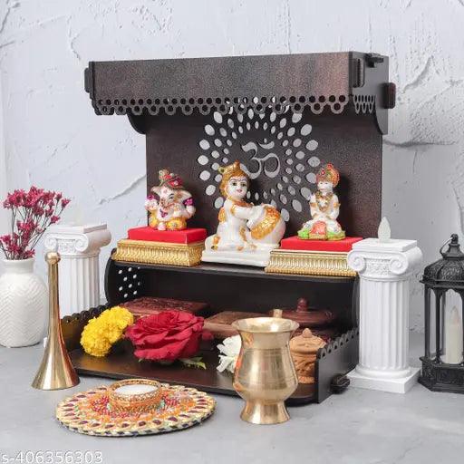 Elegant Handcrafted Wooden Wall Mounted Puja Shelf with Om Design - Traditional Home Temple & Decor