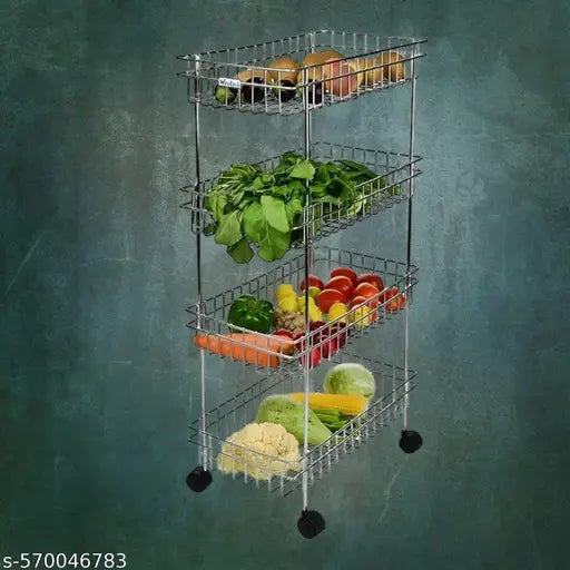 Four Layer Kitchen Trolly Multipurpose Stainless Steel Portable Storage Floor Standing Or Tabletop Rack|Trolley with Wheels for Kitchen Storage, Tiered Shelf, 4 Shelf Trolley