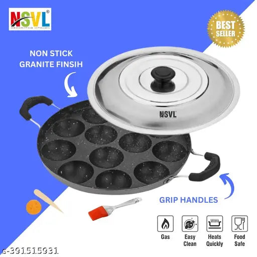 Nsvl Non Stick 12 Cavity Appam Patra Handle with Lid, Paniyarakkal | Paniyaram | Appam Pan with Silicon Brush