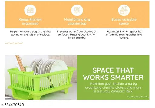 Sink Dish Rack | 3 in 1 Durable Plastic Drainer Drying Rack Washing Basket with Tray | Dish Rack Organizers, Utensils Tools Cutlery | Green, Pack of 1