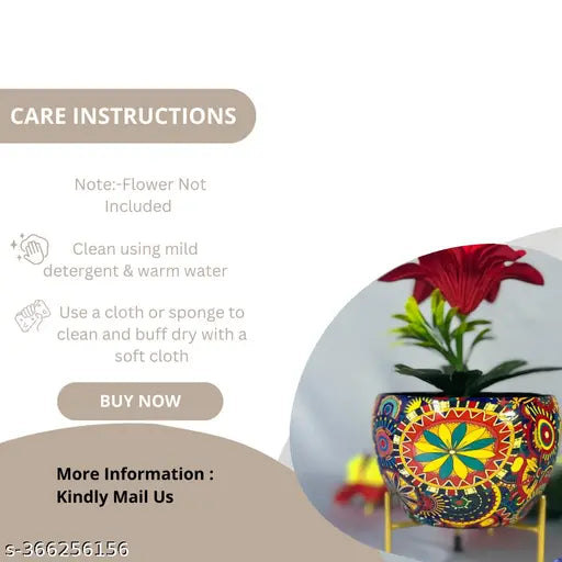 E-Trends Multicolour Metal Pot with Stand, Rust-Free Powder Coating, Indoor Outdoor Use, Home Office Decor, Plants Not Included, Pot Size: 10 * 13cm, Stand Height: 7.5cm