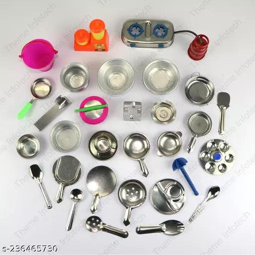 31 Pieces - Miniature Kitchen Set, Mini Kitchen Set, Kitchen Set for Kids Girls, Real Cooking Kit for Play, Steel Kitchen Set for Girls, Choppu Jaman, Miniature Cooking Set - Springkart 