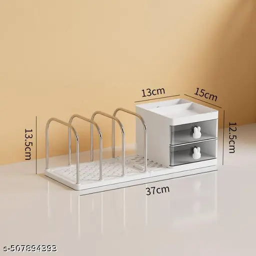 Plastic Desk Organizer with Drawers & Stationery Holder – 4-Compartment Collapsible Magazine File Holder for Office, Home & Study Table Storage - White