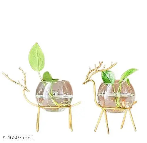 Homown Decor Glass Planter Holder Deer |Glass Pot| Glass Flower Pot| Glass Flower Round Vase Handmade for Decorate House (Set of 2) (Gold)
