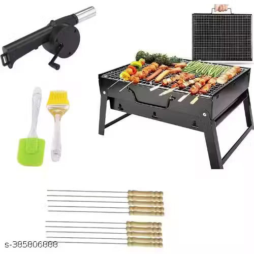 Barbecue Grills - Foldable Charcoal Barbeque Grill With 10 Skewers, 2 Spatula & 1 Air Blower