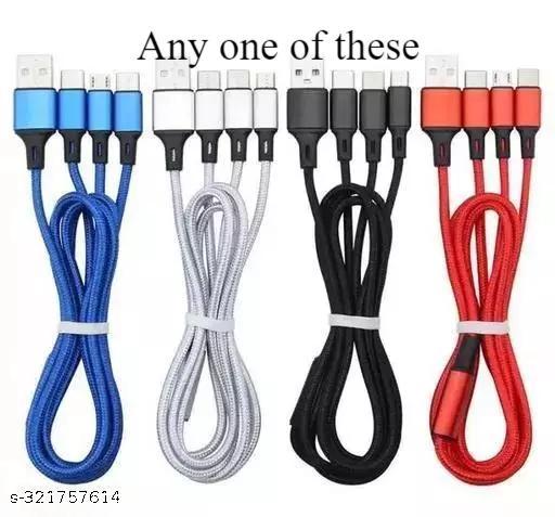 Unbreakable 3 in 1 USB Fast Charging Cable with Type C, Lightning, Micro USB Port with 2.1 A, Compatible with iPhone, iPad, Samsung, OnePlus, Mi, Oppo, Vivo, Xiaomi, 1.25M