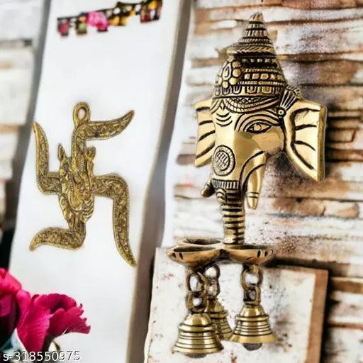 Wall Mounted Lord Ganesha Diya and Bells Oxidized White Metal Handcrafted Golden Sculpture Wall