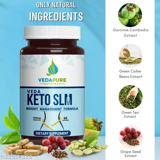 VEDAPURE Naturals VEDA Keto Slm Weight Management Weight Loss Supplement with Garcinia Cambogia, African Mango,Green Coffee Helps in Fat Cutter, Fat Loss, Belly Fat,Slim Body Shape,Natural Weight Loss,Zero Figure,Slimming, Keto-slim,1000mg 60 Capsules (Pa
