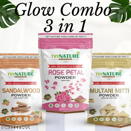 TRYNATURE ORGANICS 3-IN-1 FACE PACK COMBO | SANDALWOOD + MULTANI MITTI + ROSE POWDER | 70G EACH | NATURAL GLOW | HERBAL SKIN CARE | TAN REMOVAL | BRIGHTENING