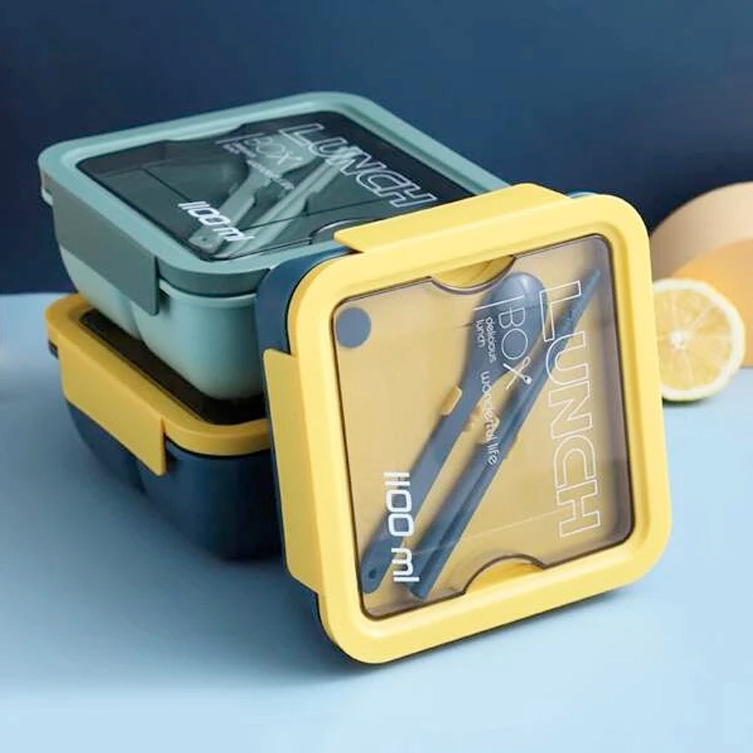 Lunch Box Food Grade Plastic 2 Compartment Containers with Spoon and Fork Microwave Freezer Safe Leak Proof Tiffin Box Ideal for Adult & Kids - Springkart 