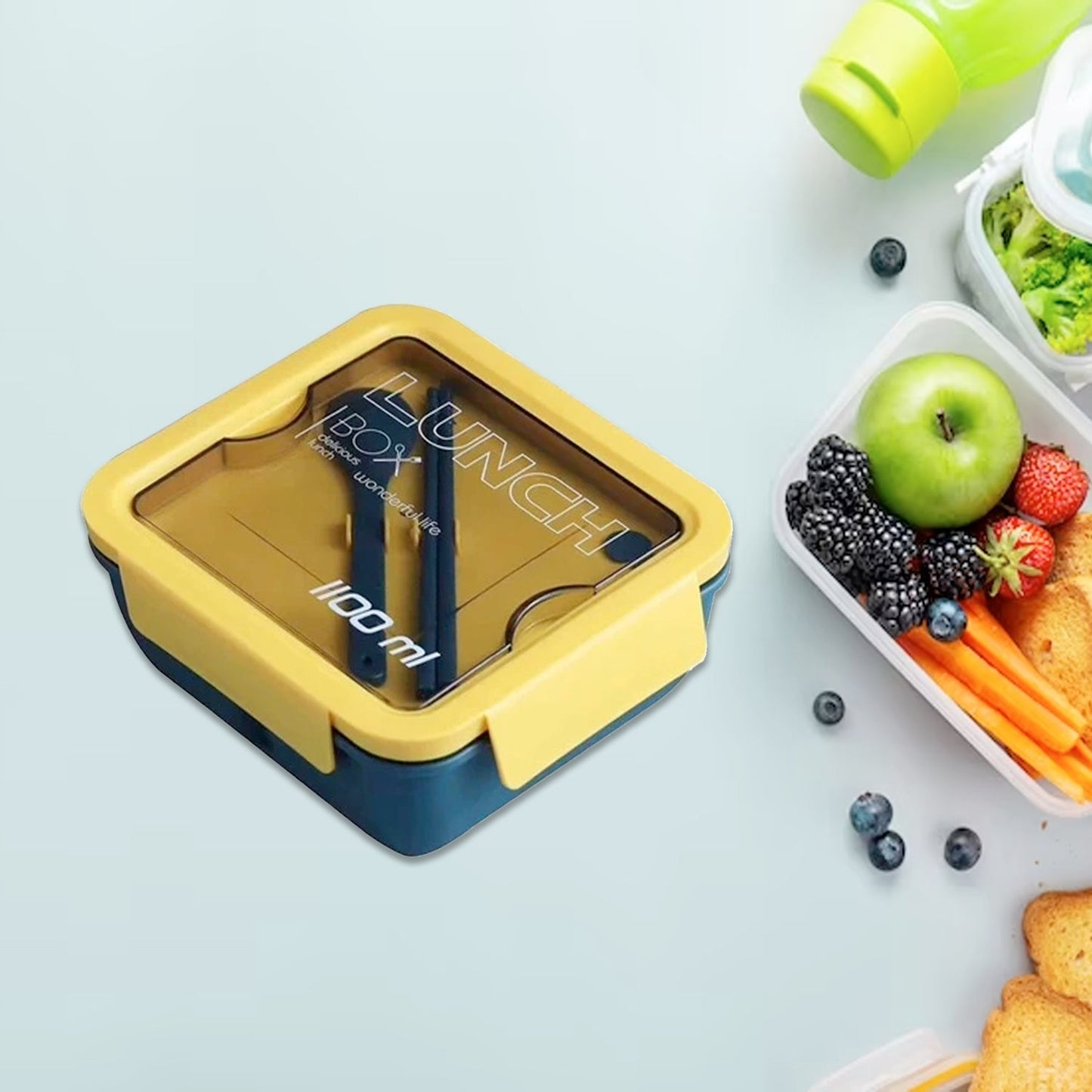 Lunch Box Food Grade Plastic 2 Compartment Containers with Spoon and Fork Microwave Freezer Safe Leak Proof Tiffin Box Ideal for Adult & Kids - Springkart 