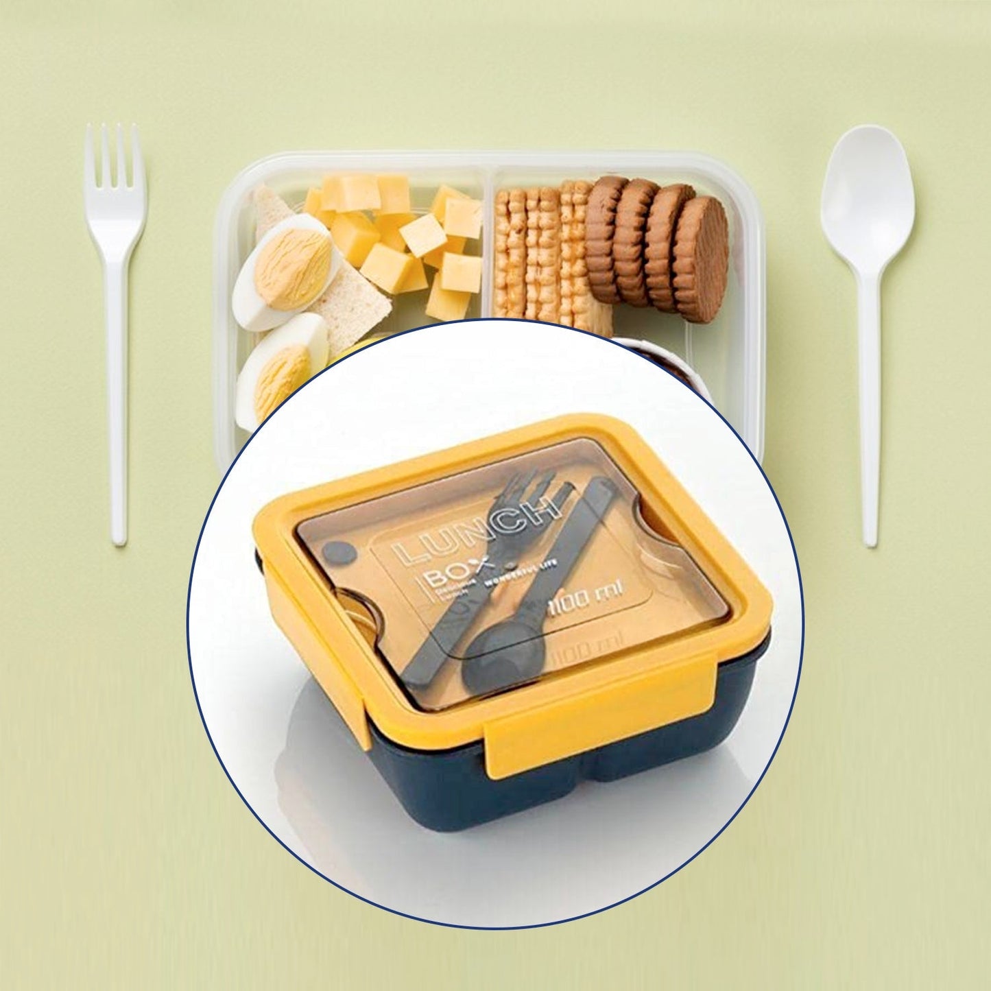 Lunch Box Food Grade Plastic 2 Compartment Containers with Spoon and Fork Microwave Freezer Safe Leak Proof Tiffin Box Ideal for Adult & Kids - Springkart 