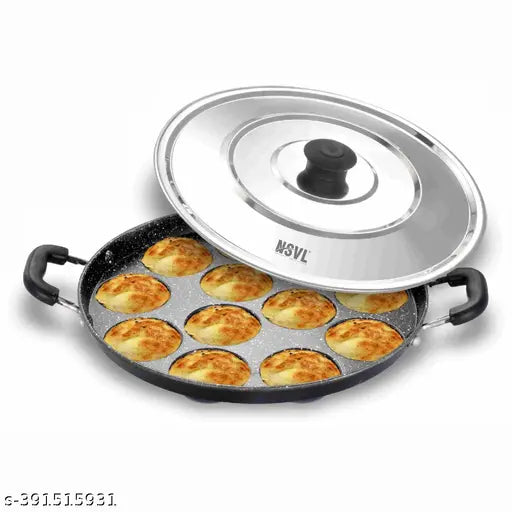 Nsvl Non Stick 12 Cavity Appam Patra Handle with Lid, Paniyarakkal | Paniyaram | Appam Pan with Silicon Brush
