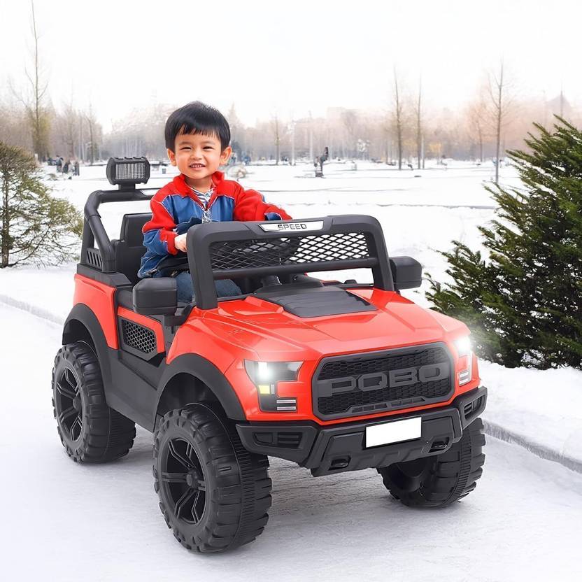 LITTLE RIDES Pobo 12v Battery Operated Jeep for Kids, with Light & Music Big Jeep Battery Jeep Battery Operated Ride On  (Red)