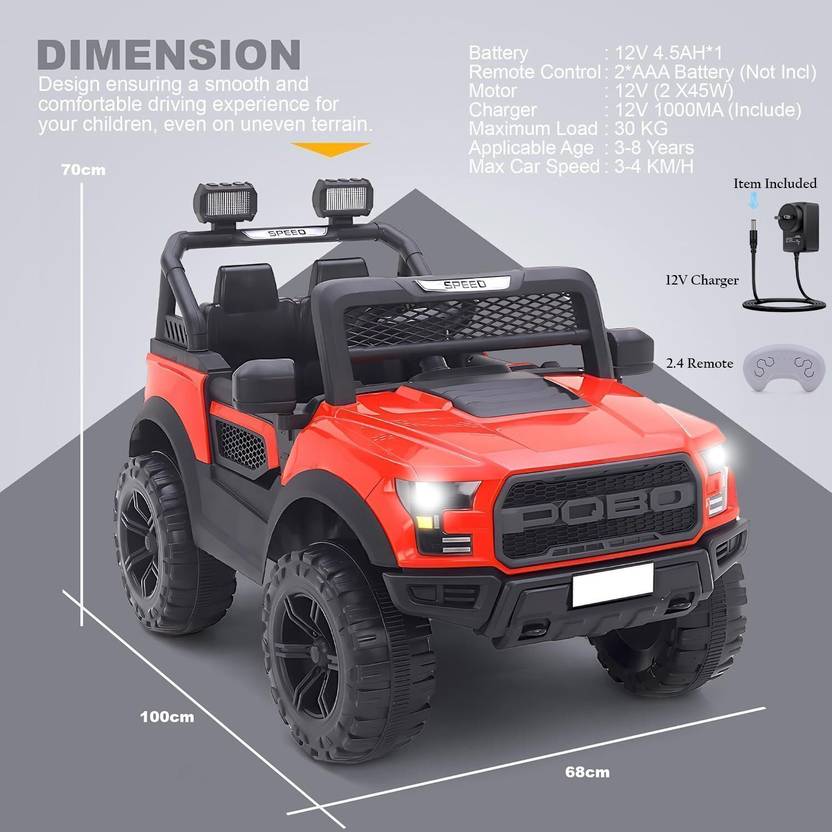LITTLE RIDES Pobo 12v Battery Operated Jeep for Kids, with Light & Music Big Jeep Battery Jeep Battery Operated Ride On  (Red)