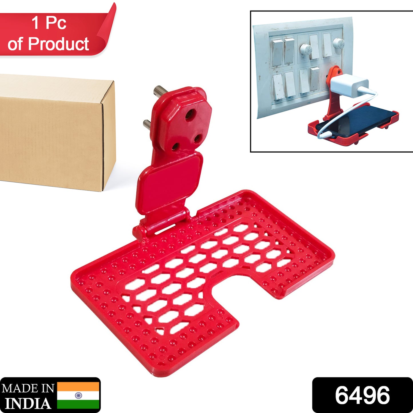 6496 Multi-purpose Wall Holder Stand For Charging Mobile Just Fit In Socket And Hang (Red) - Springkart 