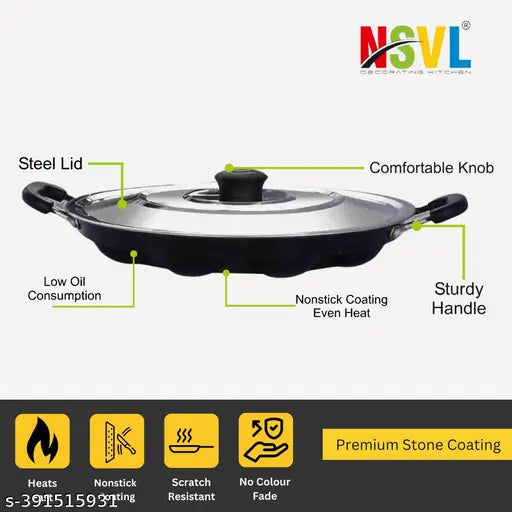 Nsvl Non Stick 12 Cavity Appam Patra Handle with Lid, Paniyarakkal | Paniyaram | Appam Pan with Silicon Brush
